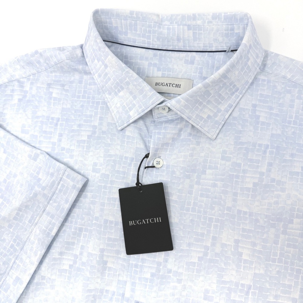 Bugatchi Mens 3XL Short Sleeve Button Down Shirt Blue Tile 8-Way Stretch NEW